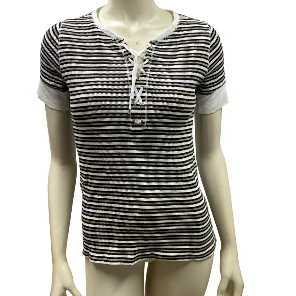 Lauren Ralph Lauren Womens‎ Striped Lace-Up Short Sleeve T-Shirt Top Size S
